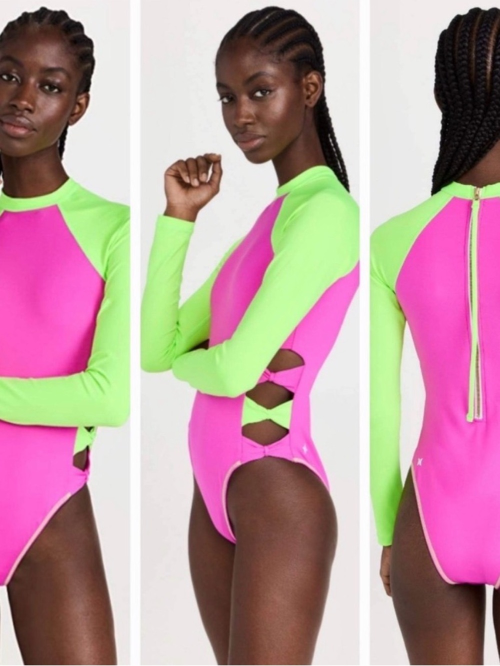 LoveShackFancy Neon Pink and Lime Long-Sleeve One-Piece Swimsuit